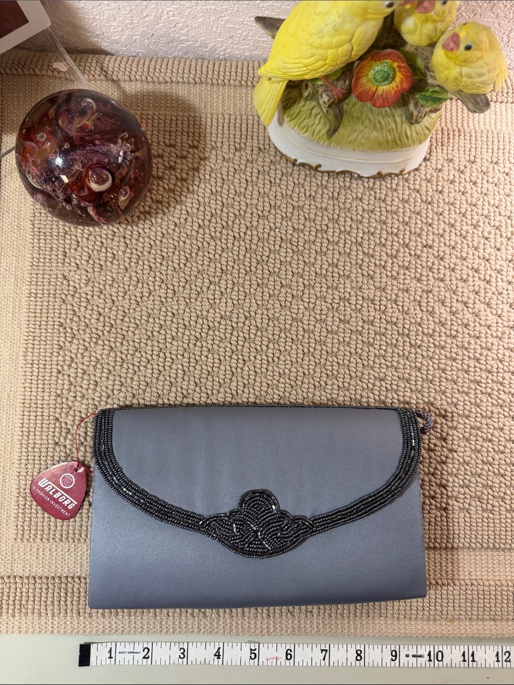 Walborg Gray Satin Beaded Evening Clutch or Shoulder Bag